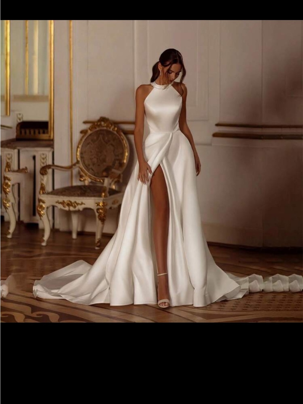 Elegant White Halter Satin Evening Gown with High Slit